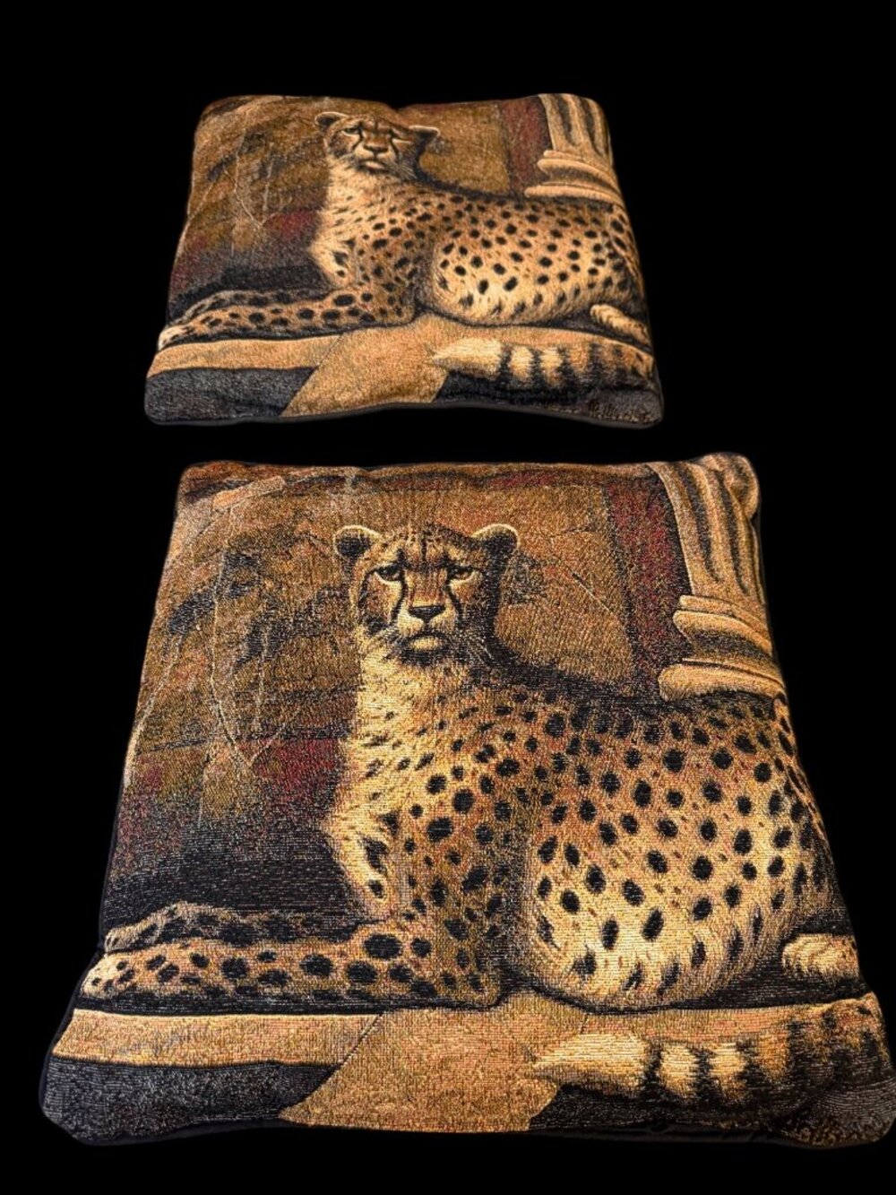 2 Vtg Pompeii Cheetah Tapestry Throw Pillows  Elaine Vollherbst Safari Sofa  rea